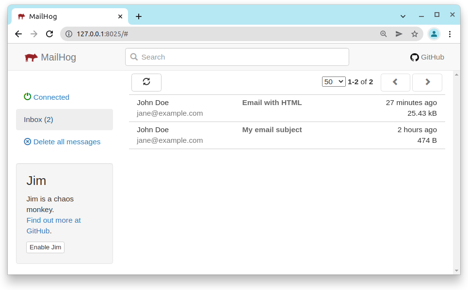 Mailhog shows the email with embedded HMTL we just received.